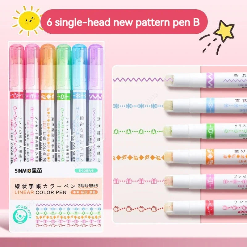6Pcs/Set Flower Line Shape Highlighter Pen Roller