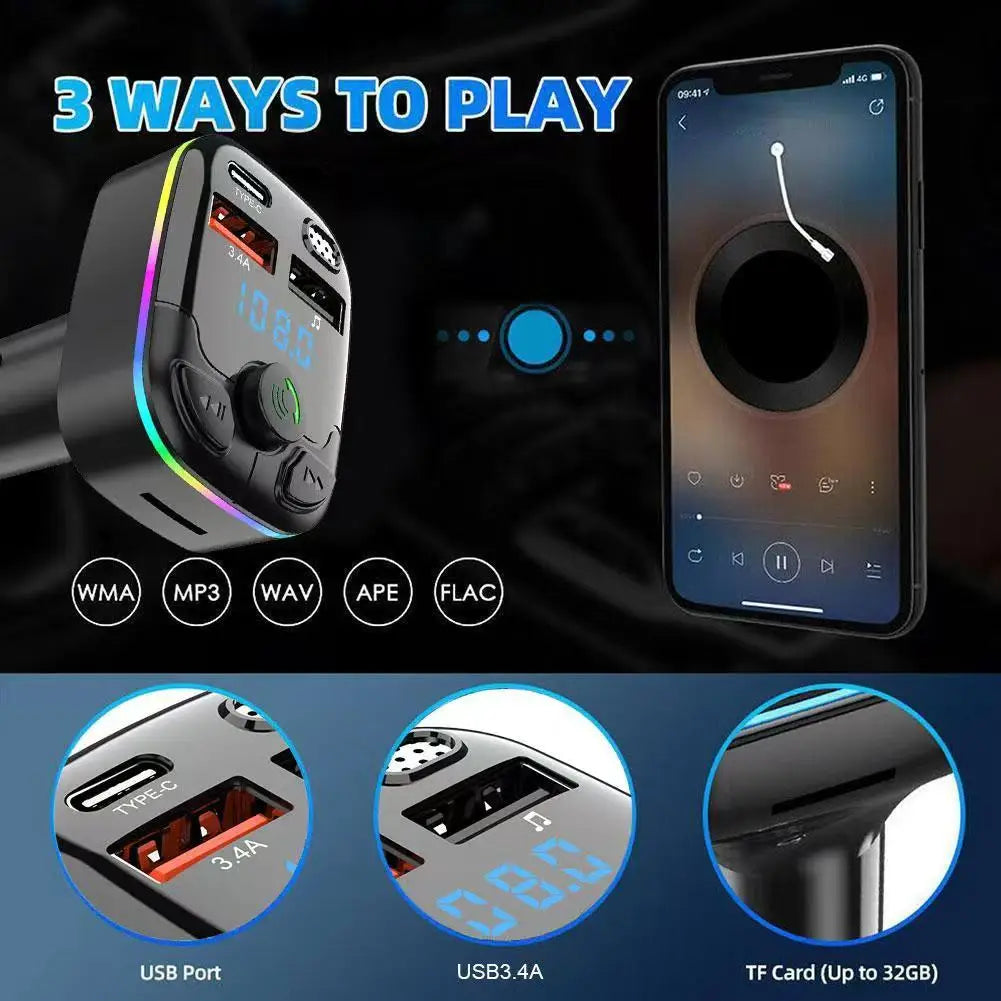 Bluetooth 5.0 Car FM Transmitter with PD USB-C & Dual USB Charger
