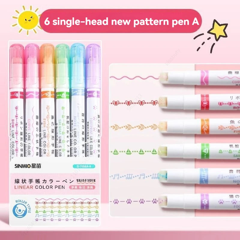6Pcs/Set Flower Line Shape Highlighter Pen Roller