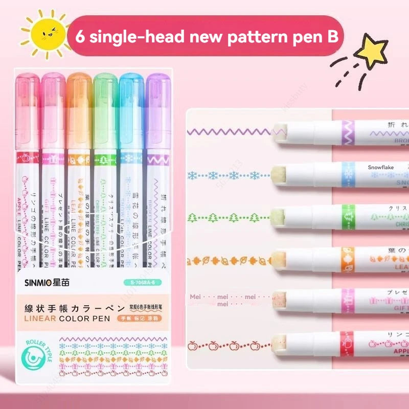 6Pcs/Set Flower Line Shape Highlighter Pen Roller
