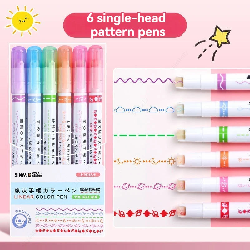 6Pcs/Set Flower Line Shape Highlighter Pen Roller